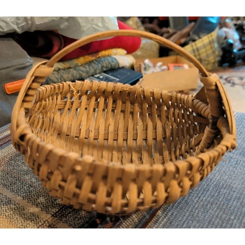 Vintage Primitive Miniature Woven Splint Basket with Bentwood Handle